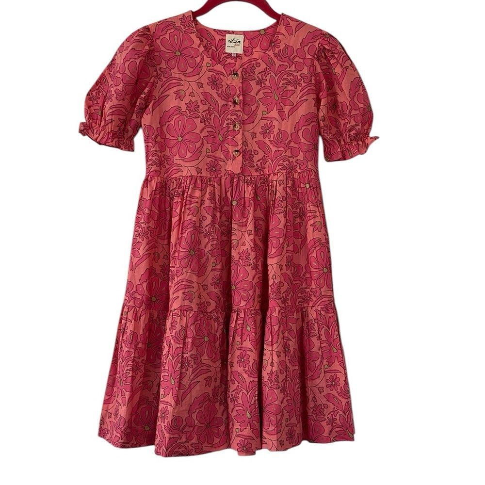 Utsa Kids Cotton Summer Dress Size 9/10 Pink Gold 100% Cotton Short Sleeve